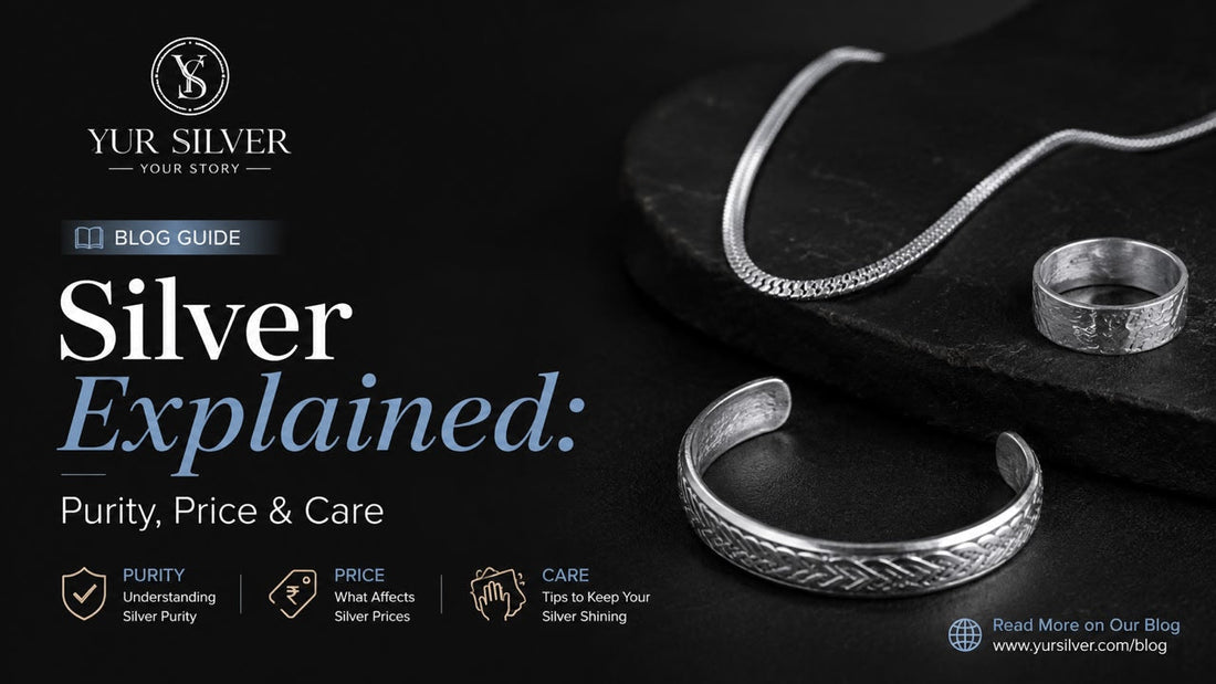 Silver Explained: Purity, Price & Care" featuring a sterling silver necklace, ring, and cuff bracelet with icons for silver purity, price, and care tips.