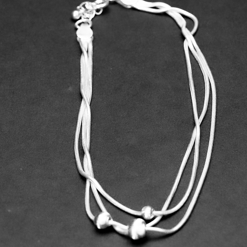 Multi Layer Silver Beaded Anklet  for Girls