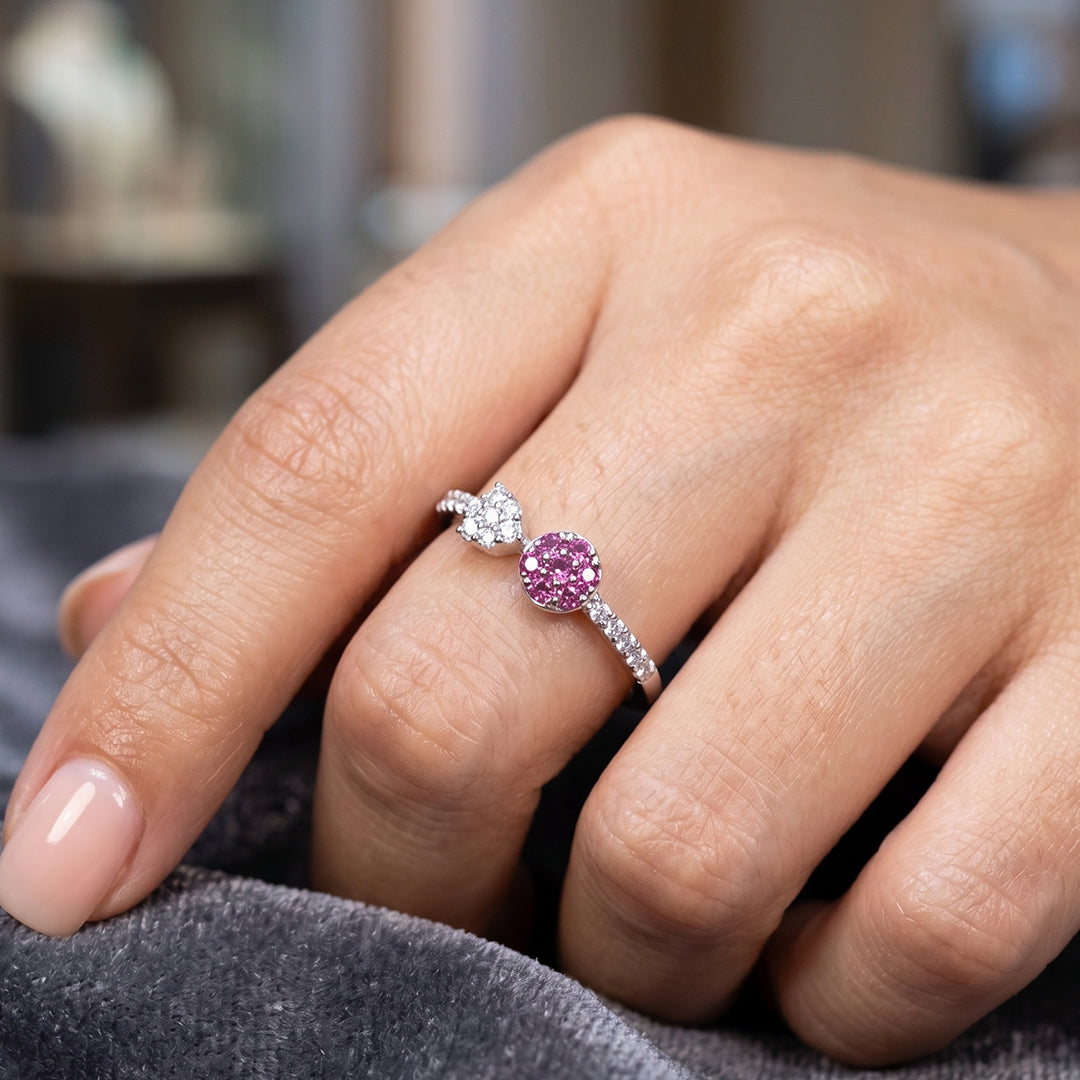 Pink White Crystal Silver Ring