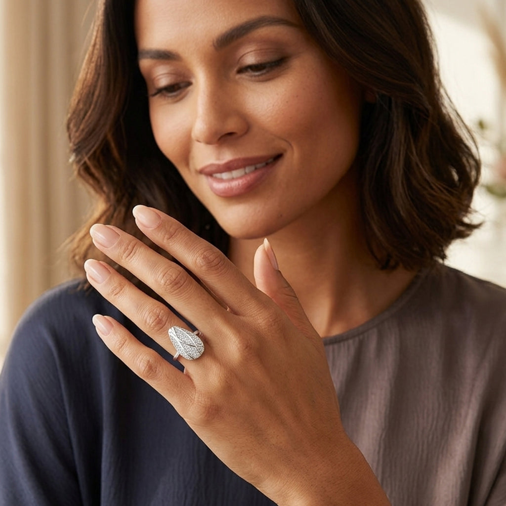 Leaf Design Pave Silver Ring