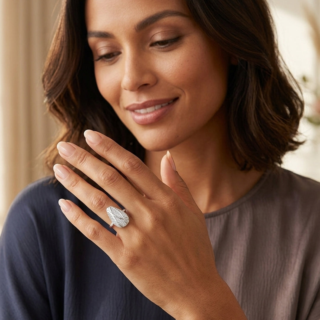 Leaf Design Pave Silver Ring