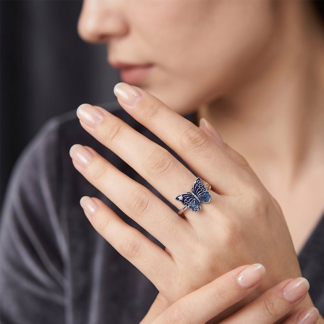 925 Blue Butterfly Silver Ring for Women