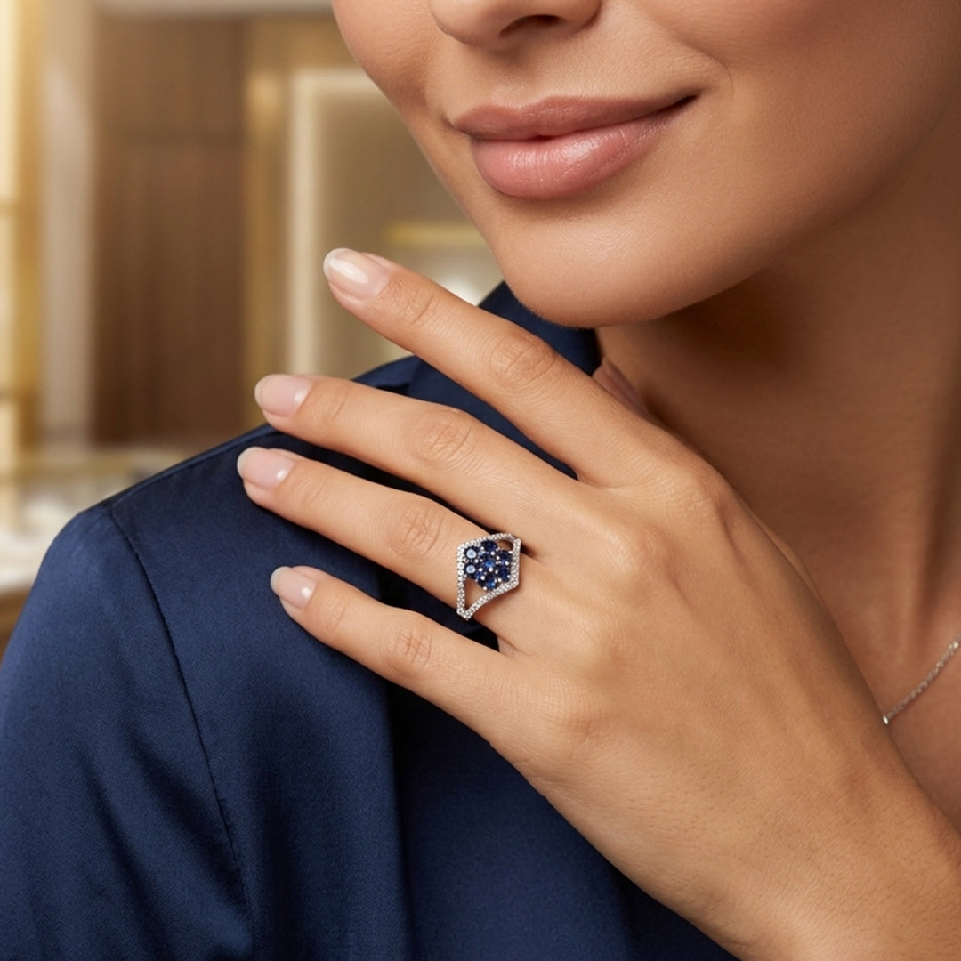 Blue Floral Stone  CZ Ring