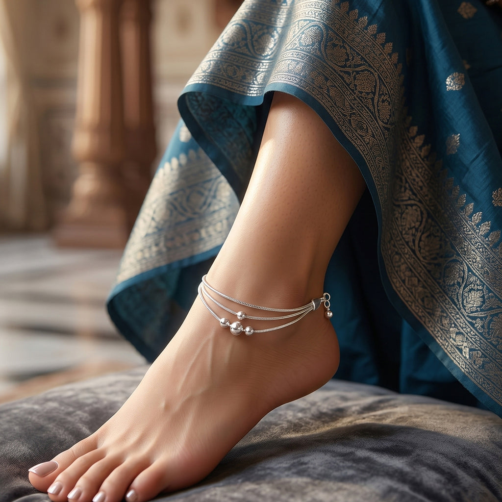 Multi Layer Silver Beaded Anklet  for Girls