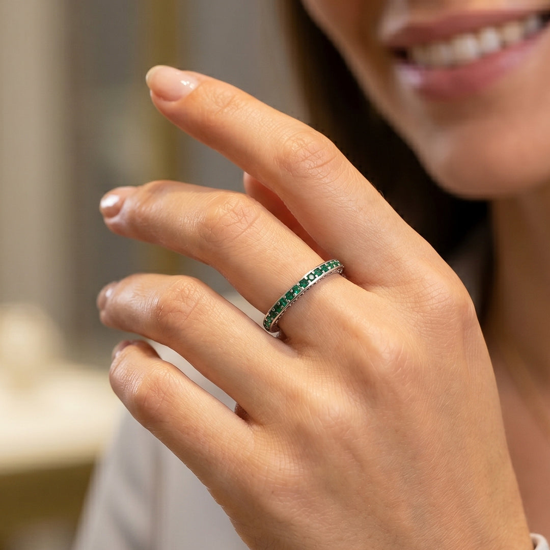Green Stone Silver Band Ring