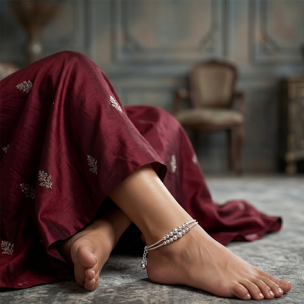 Adjustable Silver Beaded Chain Anklet for Daily Wear