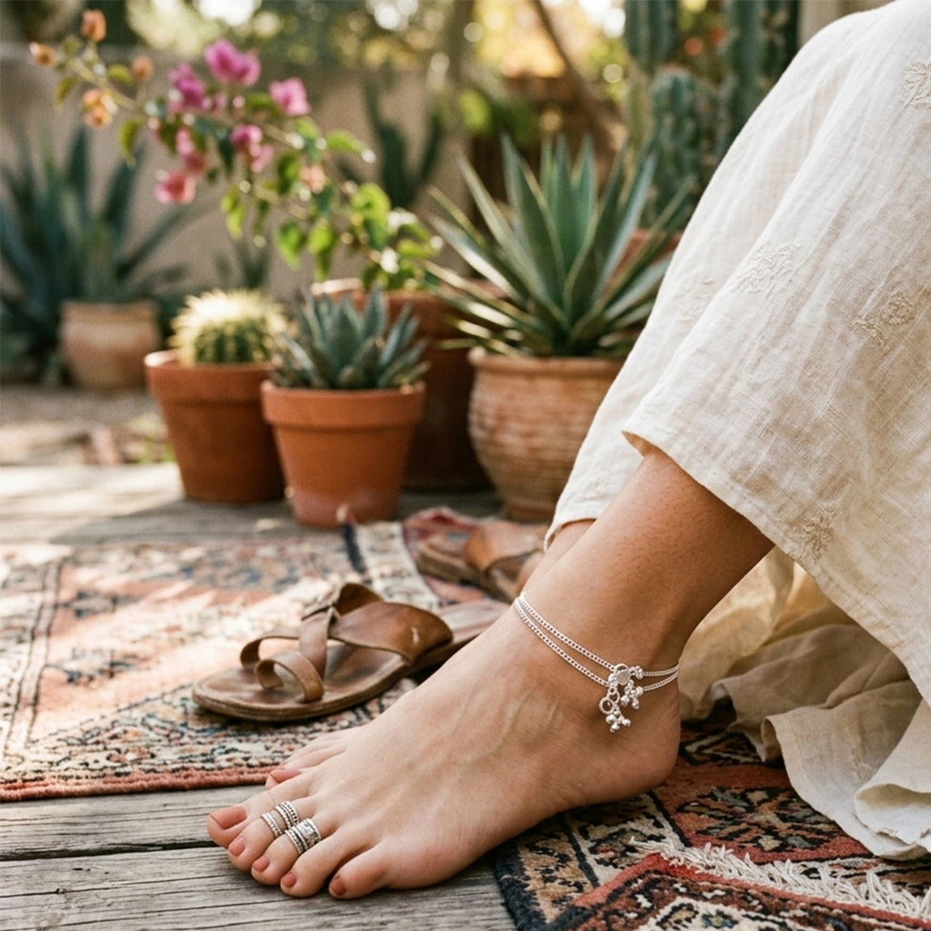Traditional Indian Style Silver Snake Chain Anklets