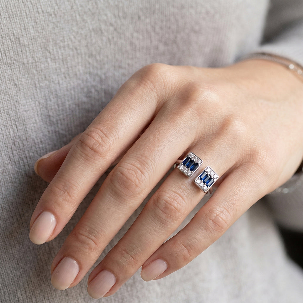 925 Sterling Silver Blue Sapphire Open Square Ring